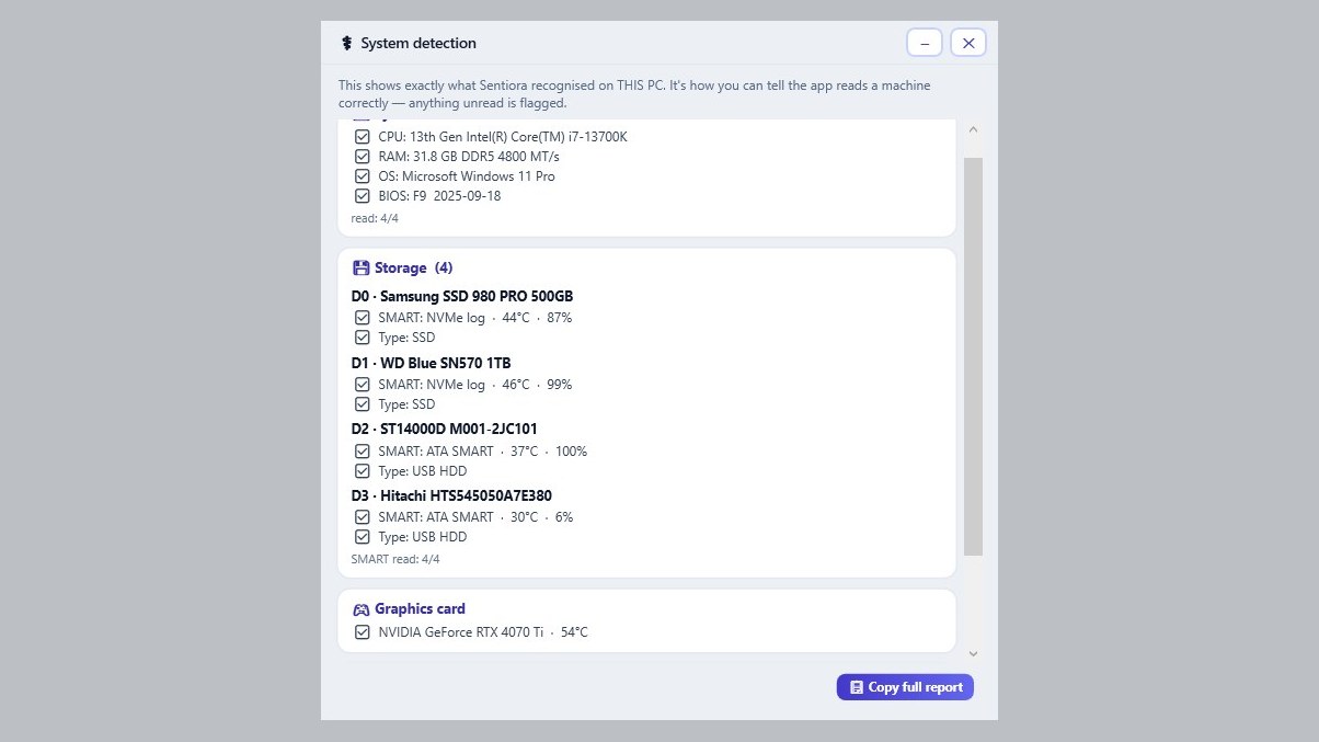 The system detection window listing CPU, memory, operating system, BIOS, each drive with its SMART method and temperature, and the graphics card.