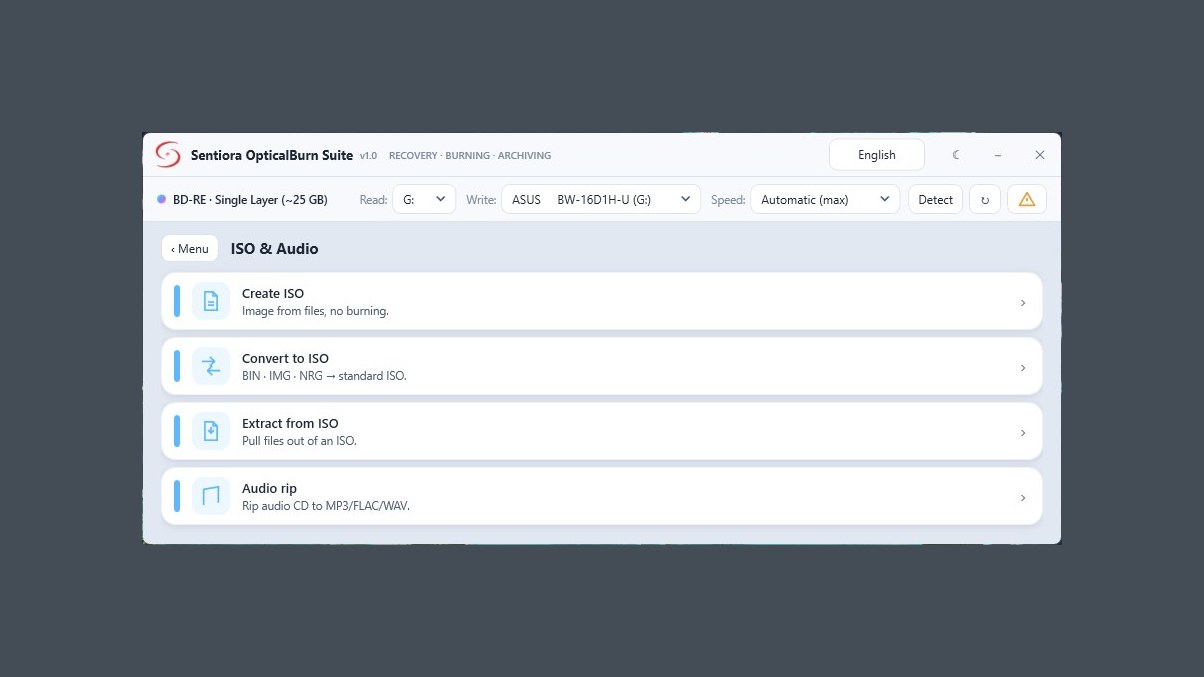 The ISO and Audio menu: create ISO, convert to ISO, extract from ISO and audio rip.